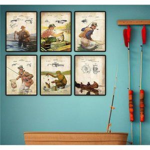 Vintage Fishing Lures Bait Reel Patent Art 6 Prints Office Cabin Wall Décor